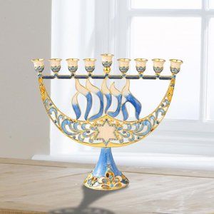 Hand Painted Enamel Menorah Candelabra with a Star of David and Hanukkah Design